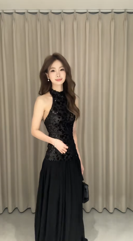 Elegant Black A Line Halter Satin Sequin Long Prom Dress, Evening Dress