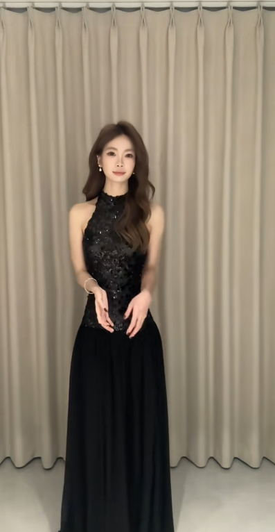 Elegant Black A Line Halter Satin Sequin Long Prom Dress, Evening Dress