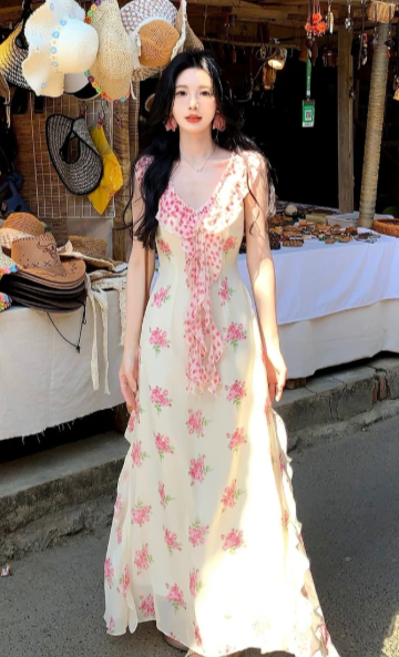 Pretty A Line V Neck Printed Floral Chiffon Long Prom Dress, Evening Dress