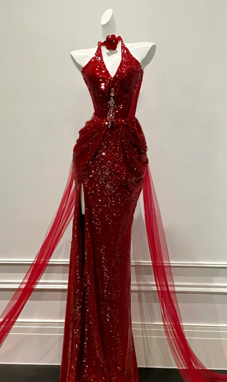 Shiny Mermaid Halter Burgundy Tulle Sequin Slit Long Prom Dress, Evening Dress