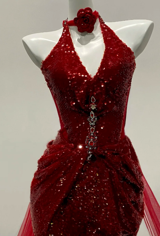 Shiny Mermaid Halter Burgundy Tulle Sequin Slit Long Prom Dress, Evening Dress