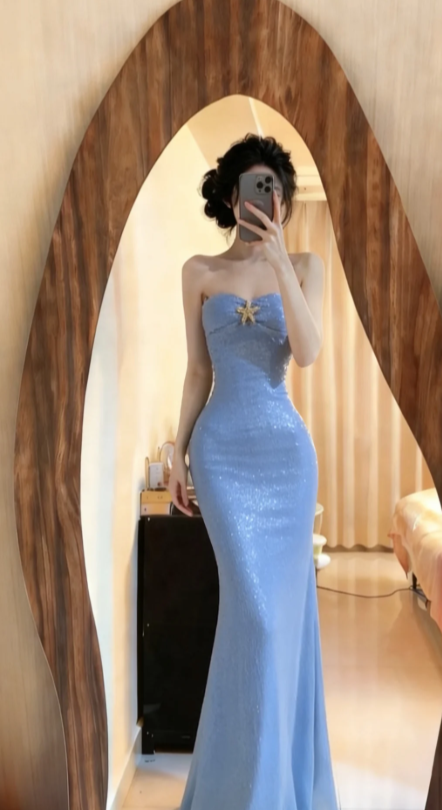 Shiny Mermaid Strapless Satin Sequin Long Prom Dress, Evening Dress