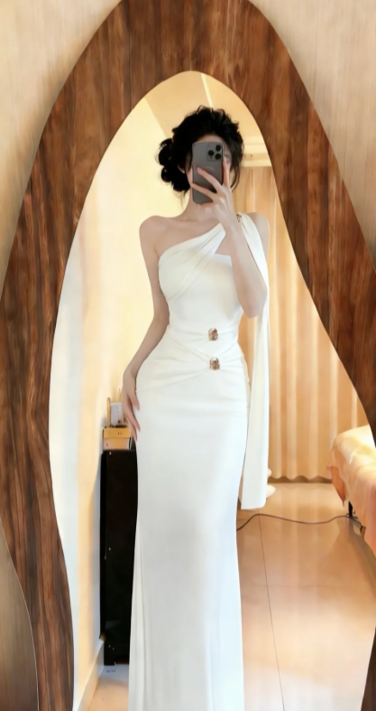 Classy Mermaid One Shoulder White Satin Long Prom Dress, Evening Dress