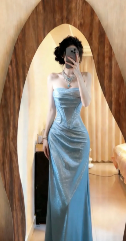 Classy Mermaid Strapless Light Blue Satin Sequin Long Prom Dress, Evening Dress