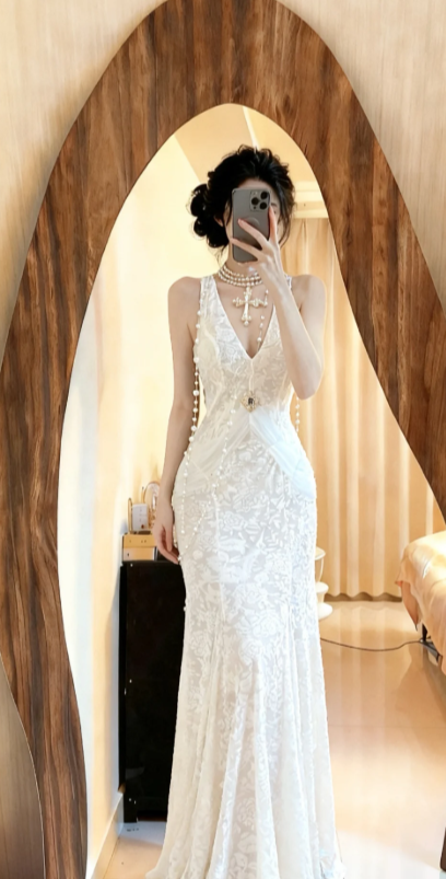 Gorgeous Mermaid V Neck Lace Long Prom Dress, Evening Dress