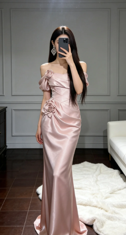 Pretty Mermaid Off The Shoulder Pink Pleated Satin Long Prom Dress, Evening Dress