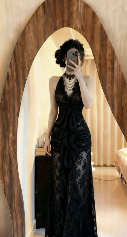 Sexy Mermaid Black Halter Lace Long Prom Dress, Evening Dress