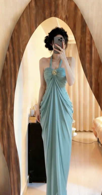 Chic Mermaid Halter Chiffon Long Prom Dress, Evening Dress
