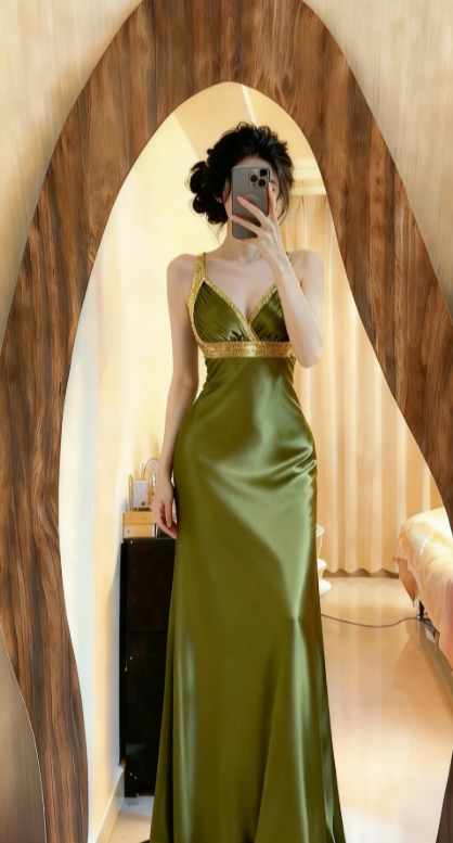 Charming Mermaid Spaghetti Straps Satin Long Prom Dress, Evening Dress