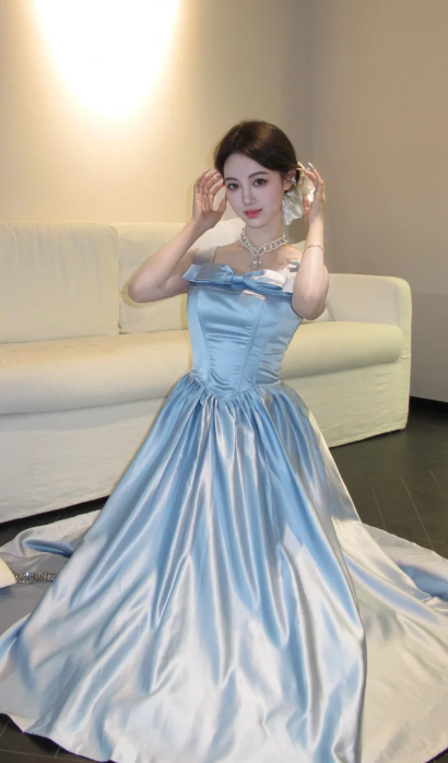 Pretty A Line Square Neck Pale Blue Satin Long Prom Dress, Evening Dress