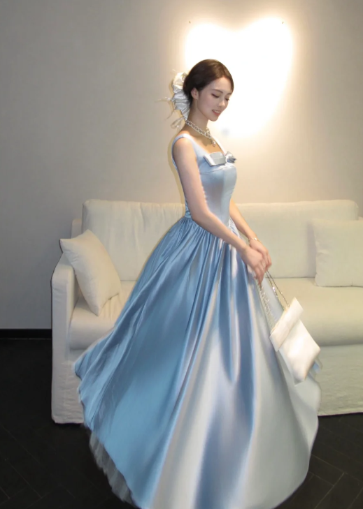Pretty A Line Square Neck Pale Blue Satin Long Prom Dress, Evening Dress