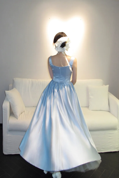 Pretty A Line Square Neck Pale Blue Satin Long Prom Dress, Evening Dress
