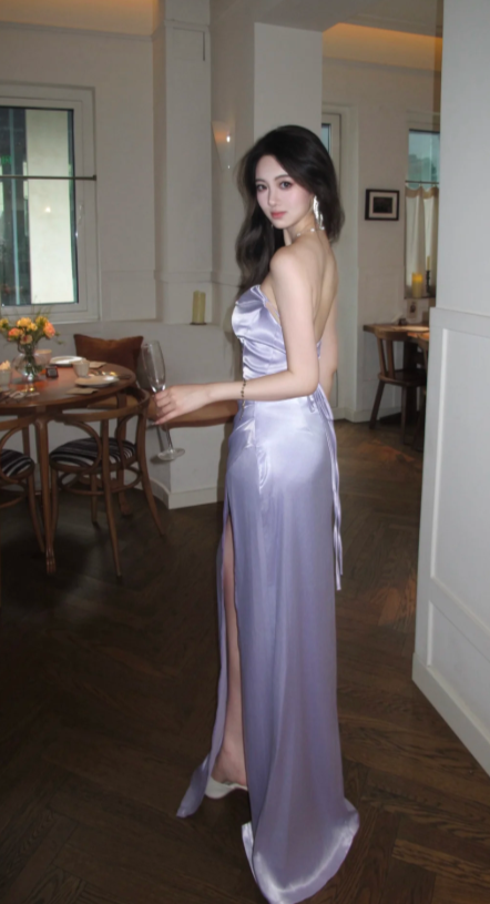 Sexy Mermaid Strapless Lilac Satin Slit Long Prom Dress, Evening Dress