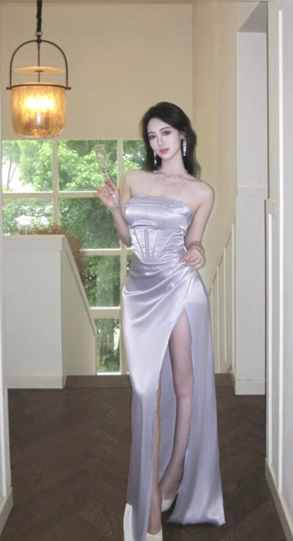 Sexy Mermaid Strapless Lilac Satin Slit Long Prom Dress, Evening Dress