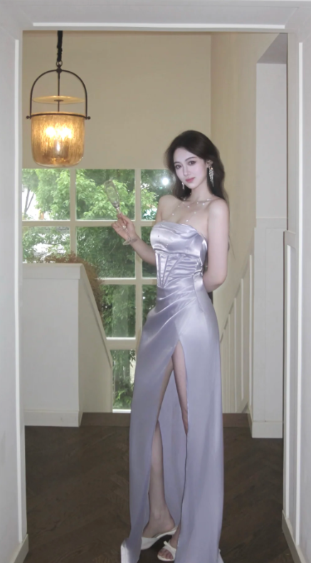 Sexy Mermaid Strapless Lilac Satin Slit Long Prom Dress, Evening Dress