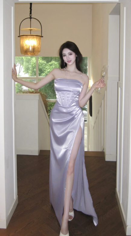 Sexy Mermaid Strapless Lilac Satin Slit Long Prom Dress, Evening Dress
