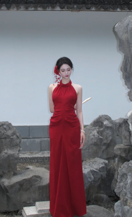 Charming Red Mermaid Halter Satin Backless Long Prom Dress, Evening Dress