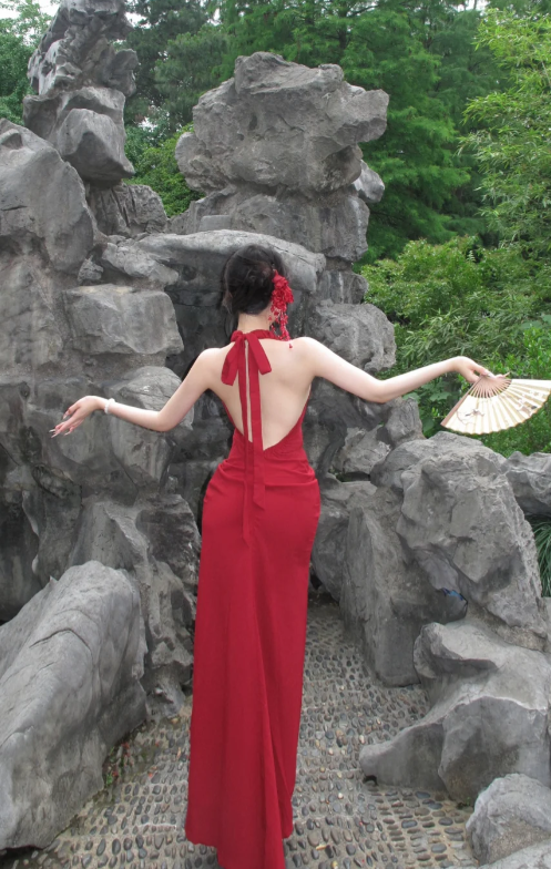 Charming Red Mermaid Halter Satin Backless Long Prom Dress, Evening Dress