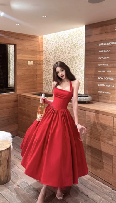 Classy A Line Halter Red Satin Long Prom Dress, Evening Dress