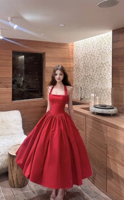 Classy A Line Halter Red Satin Long Prom Dress, Evening Dress