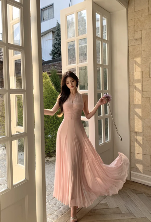 Blush Pink A Line V Neck Chiffon Long Prom Dress, Evening Dress