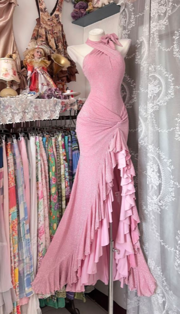 Chic Mermaid Halter Satin Ruffle Hem Long Prom Dress, Evening Dress