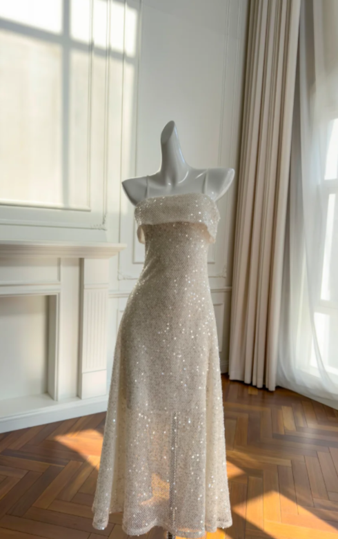 Shiny A Line Spaghetti Straps Sequin Long Prom Dress, Evening Dress