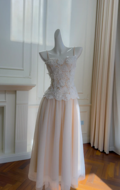Elegant A Line Spaghetti Straps Tulle Lace Long Prom Dress, Evening Dress