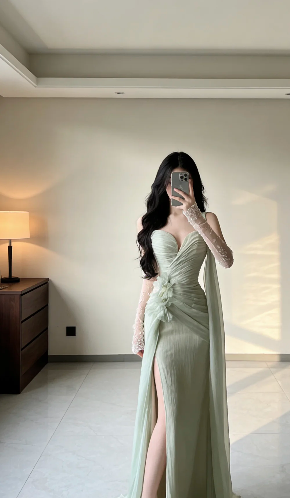 Sexy Mermaid Spaghetti Straps Chiffon Slit Without Sleeves Long Prom Dress, Evening Dress