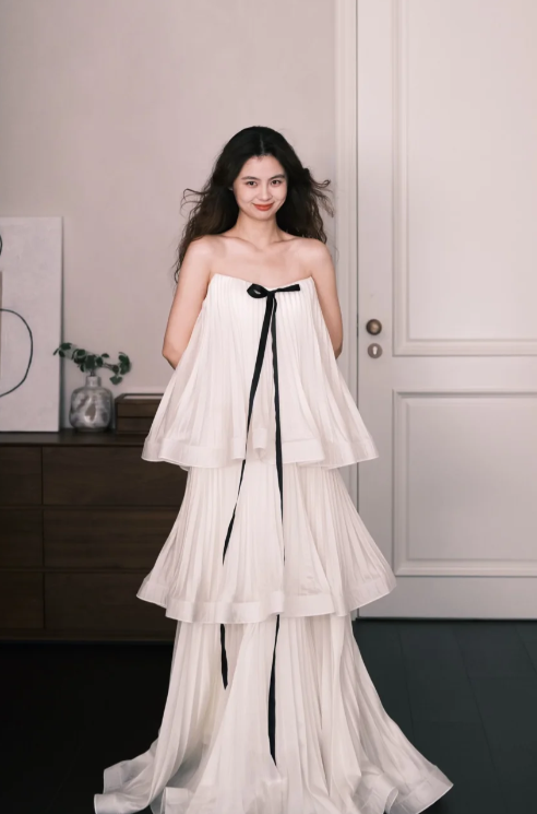 Princess A Line Strapless Tiered Chiffon Long Prom Dress, Evening Dress