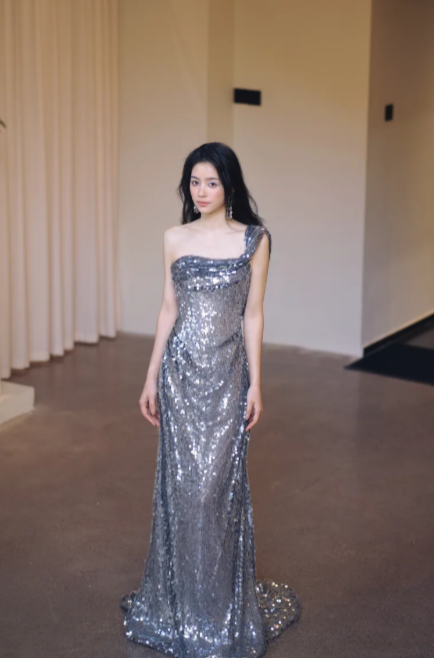 Shiny Mermaid Silver One Shoulder Sequin Long Prom Dress, Evening Dress