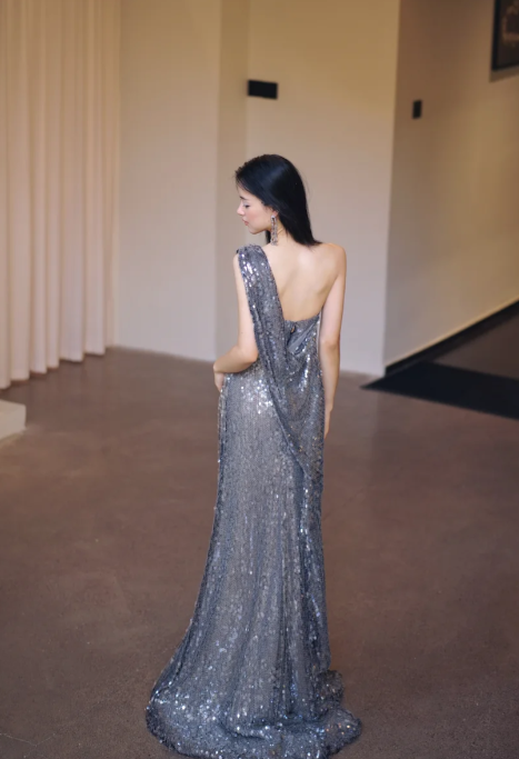 Shiny Mermaid Silver One Shoulder Sequin Long Prom Dress, Evening Dress