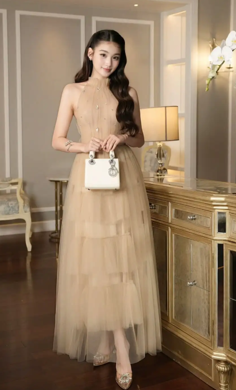 Elegant A Line Halter Tulle Long Prom Dress, Evening Dress