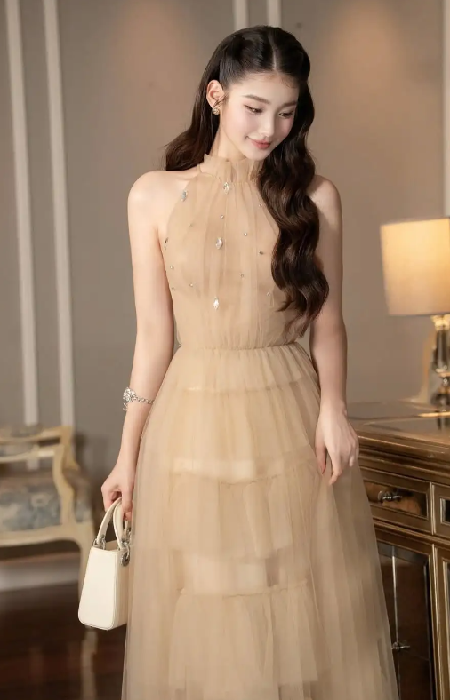Elegant A Line Halter Tulle Long Prom Dress, Evening Dress