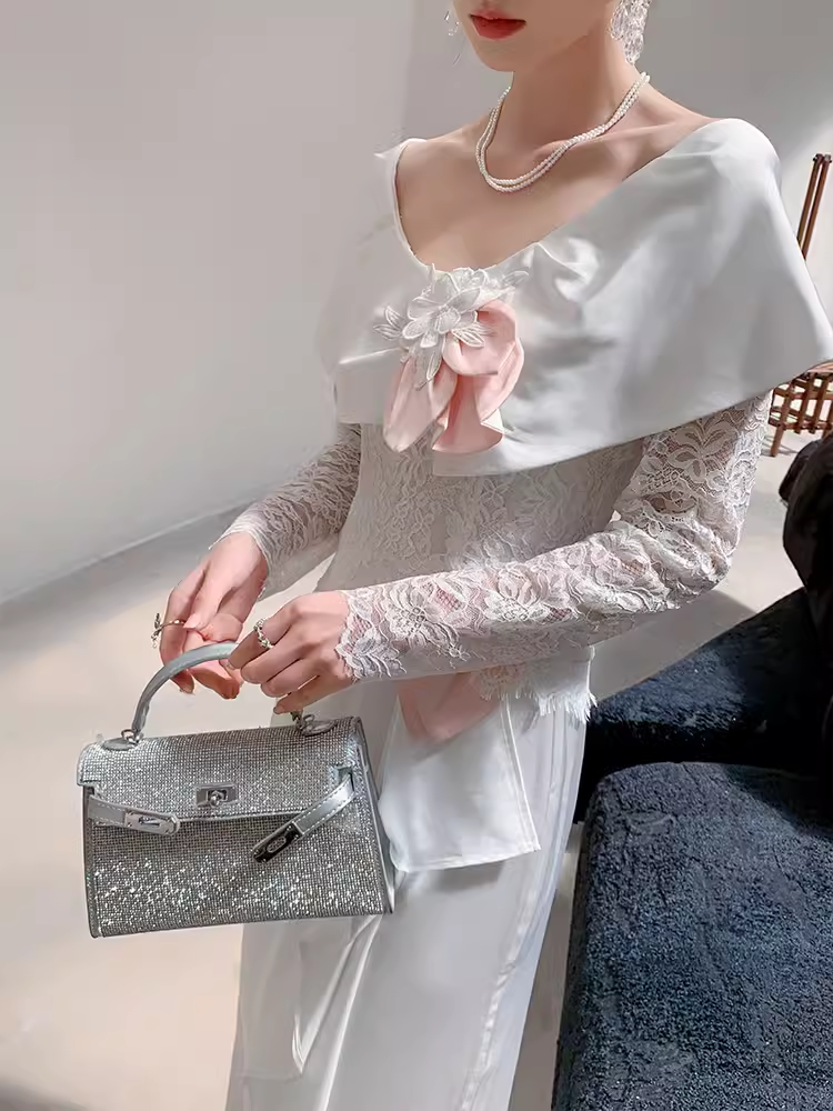 Vintage A Line Long Sleeves White Silk Satin Long Prom Dresses C80