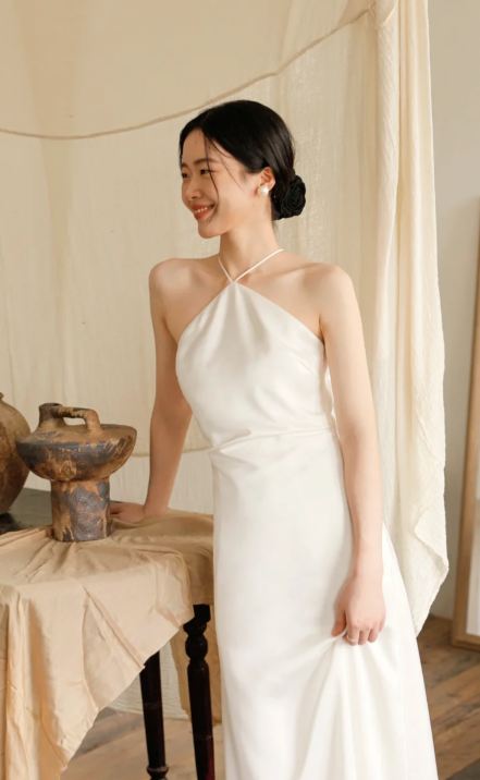 Elegant A Line Halter Satin Long Prom Dress, Evening Dress