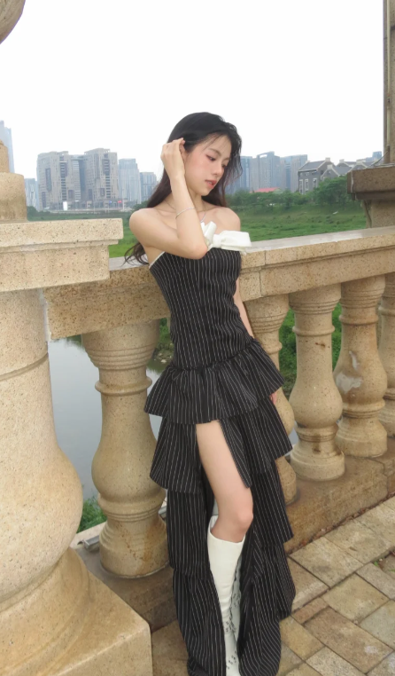 Princess A Line Strapless Tiered Satin Slit Long Prom Dress, Evening Dress