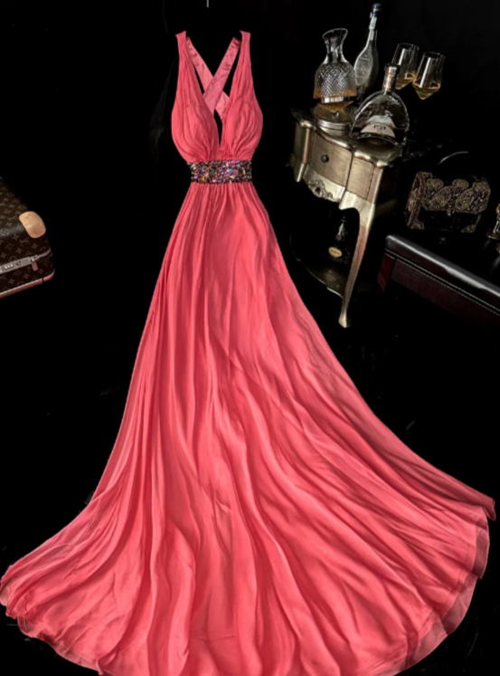 Sexy A Line V Neck Satin Sequin Long Prom Dress, Evening Dress