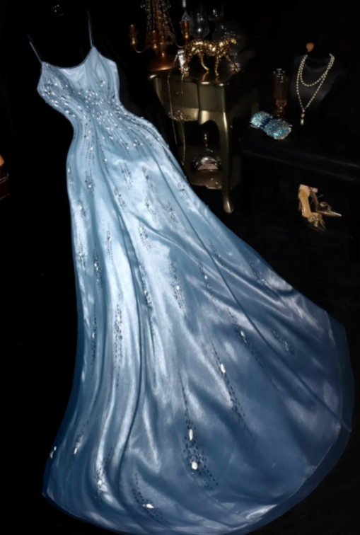 Classy A Line Spaghetti Straps Satin Long Prom Dress, Evening Dress