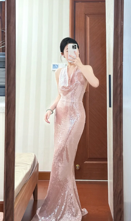 Shiny Mermaid Halter Pink Sequin Long Prom Dress, Evening Dress