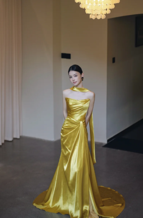 Yellow Mermaid Strapless Satin Long Prom Dress, Evening Dress