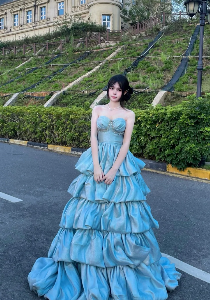 Princess Ball Gown Strapless Tiered Satin Long Prom Dress, Evening Dress