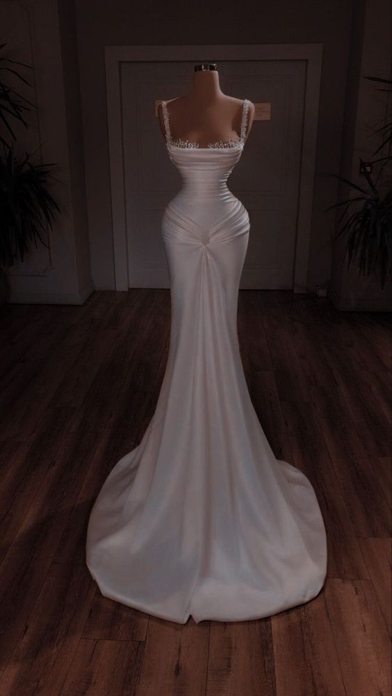 Chic Mermaid Straps White Long Satin Wedding Dresses