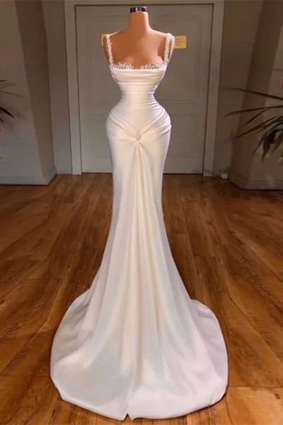 Chic Mermaid Straps White Long Satin Wedding Dresses