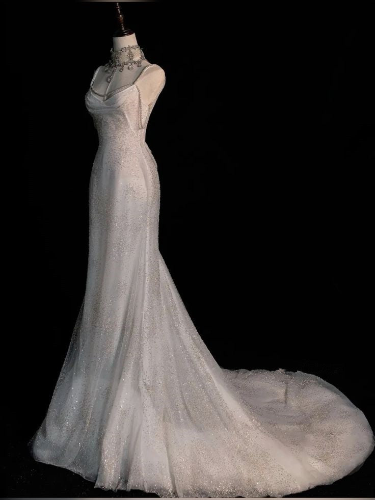 Fairytale Mermaid Straps Long Sequin Backless Wedding Dresses