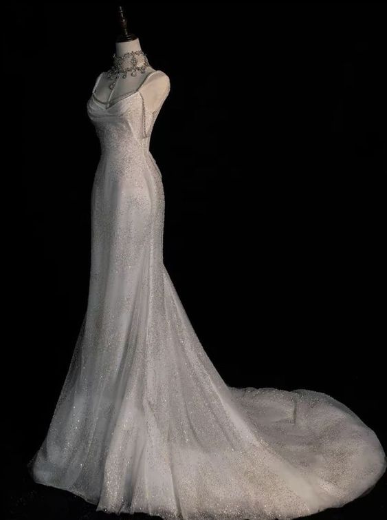 Fairytale Mermaid Straps Long Sequin Backless Wedding Dresses