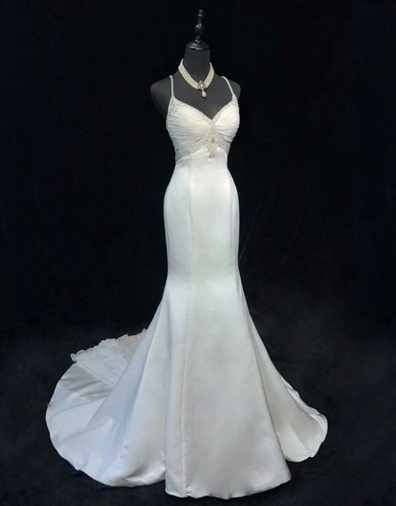 Fairytale Mermaid Straps White Long Satin Wedding Dresses