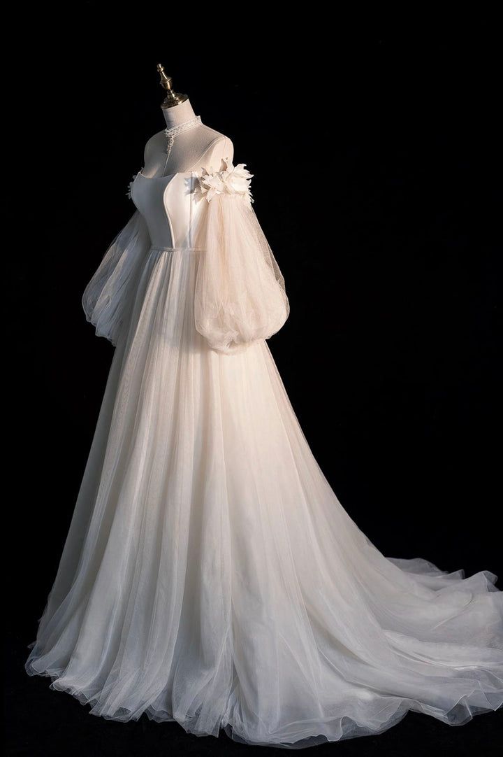 Fairytale A Line Off The Shoulder White Long Tulle Wedding Dresses