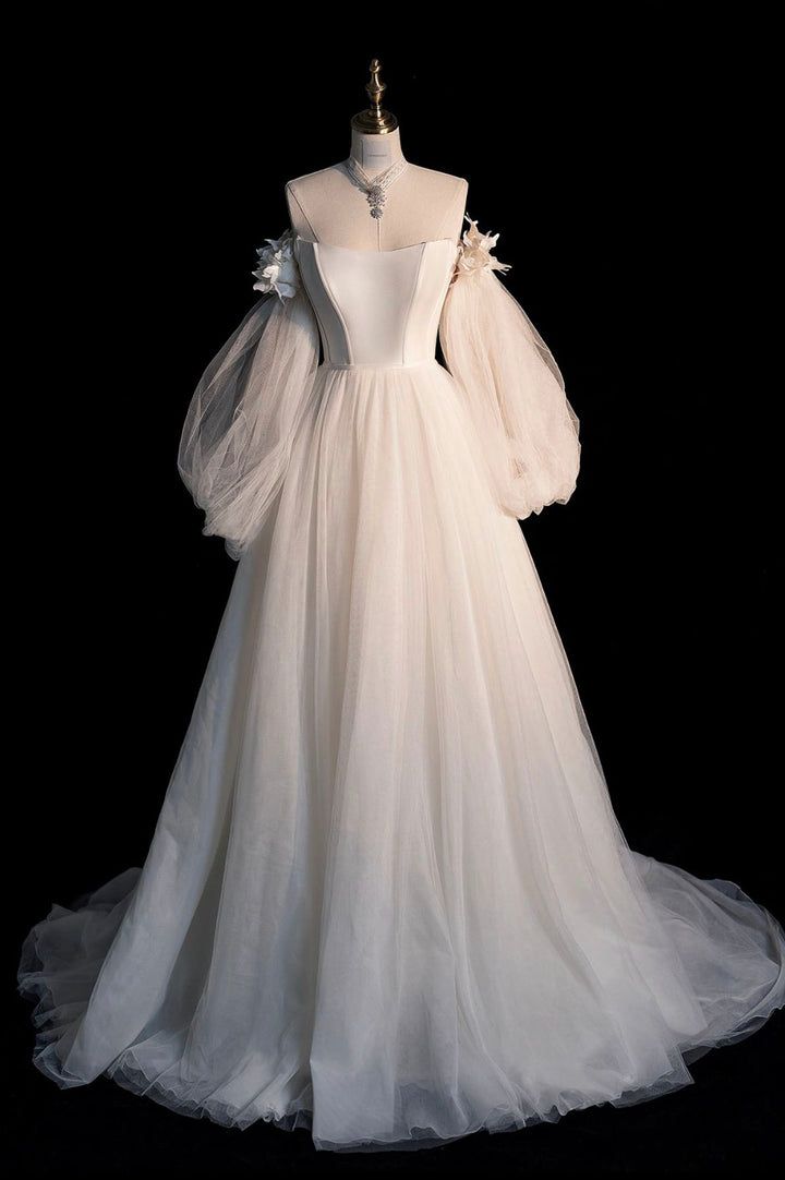 Fairytale A Line Off The Shoulder White Long Tulle Wedding Dresses
