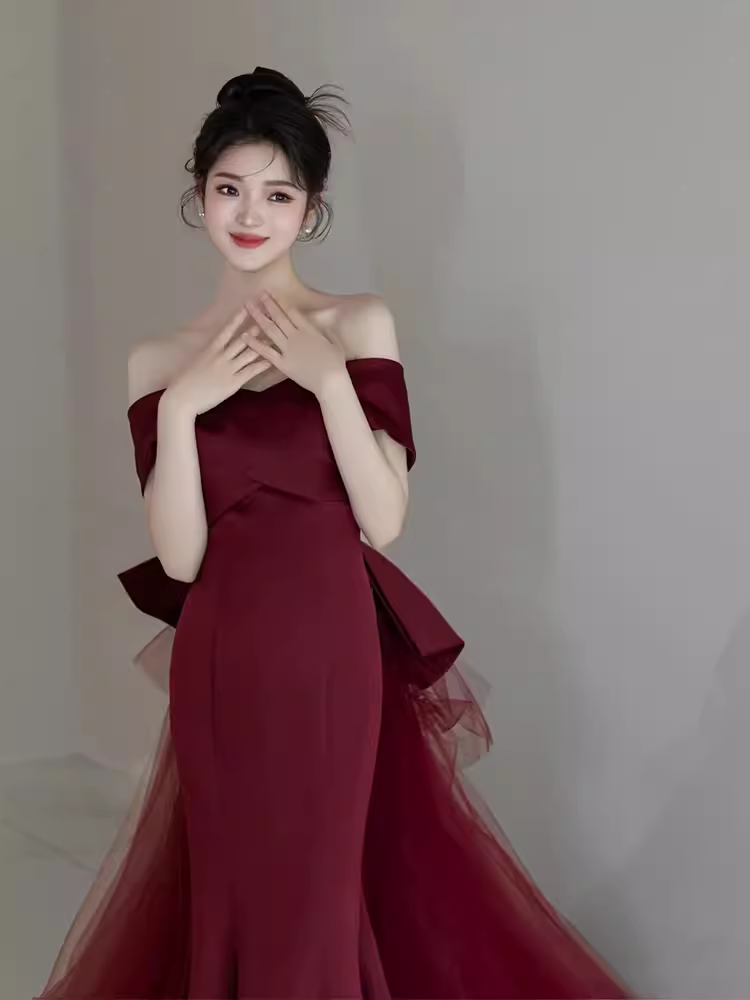 Sexy Mermaid Off The Shoulder Burgundy Satin Long Prom Dress